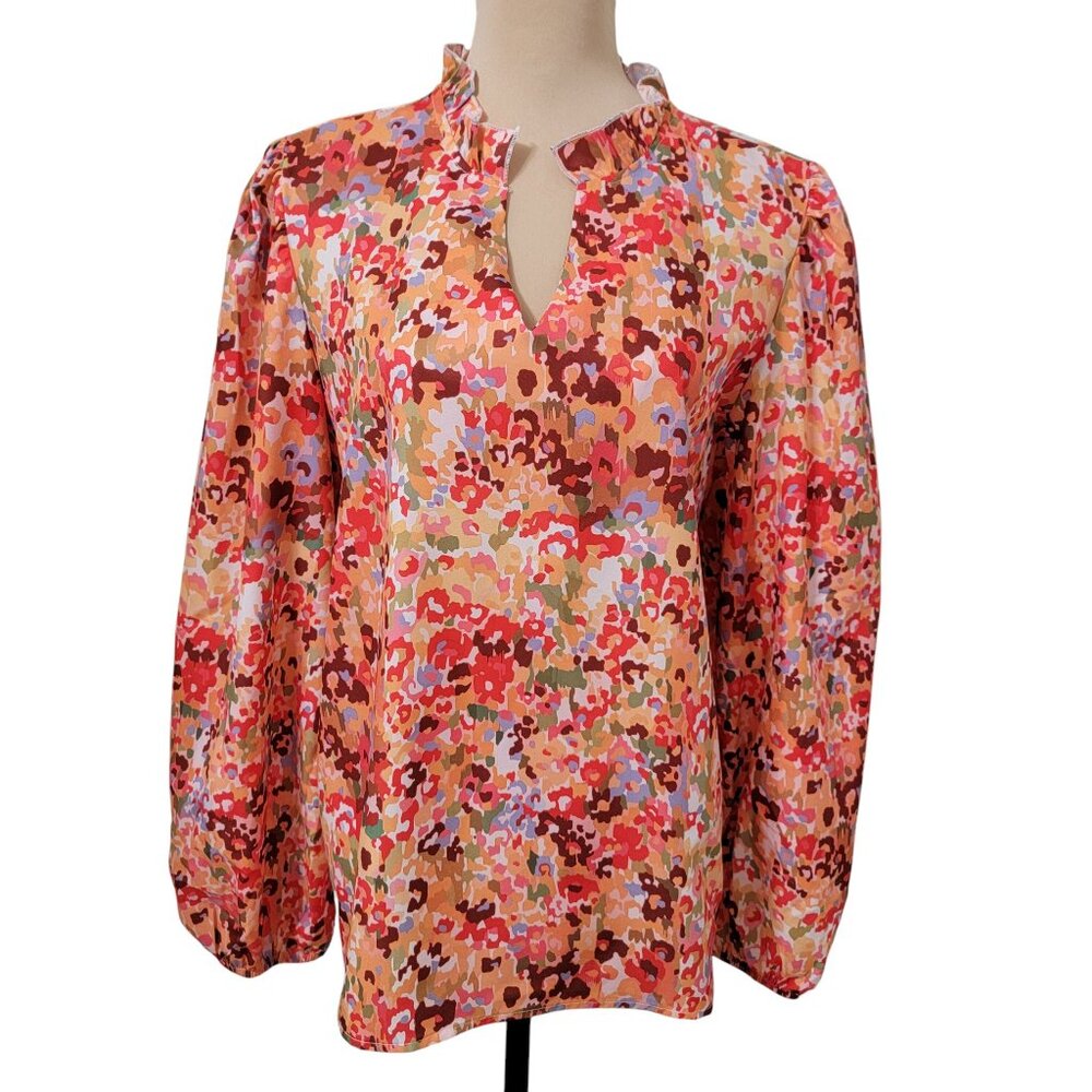 Size L Multicolor Watercolor Floral Split Neck Long Sleeve Blouse